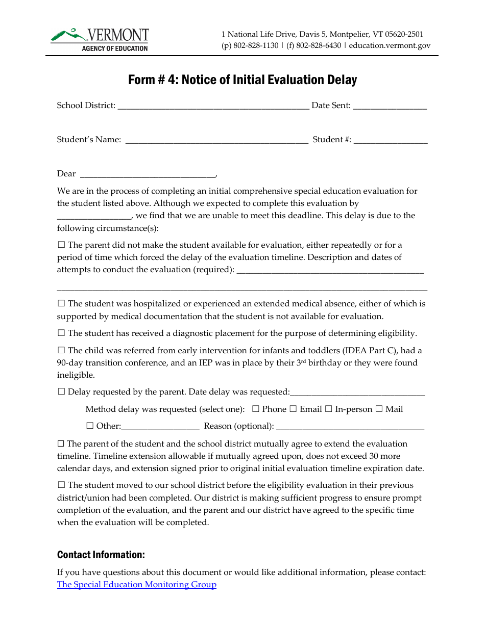 Form 4 Notice of Initial Evaluation Delay - Vermont, Page 1