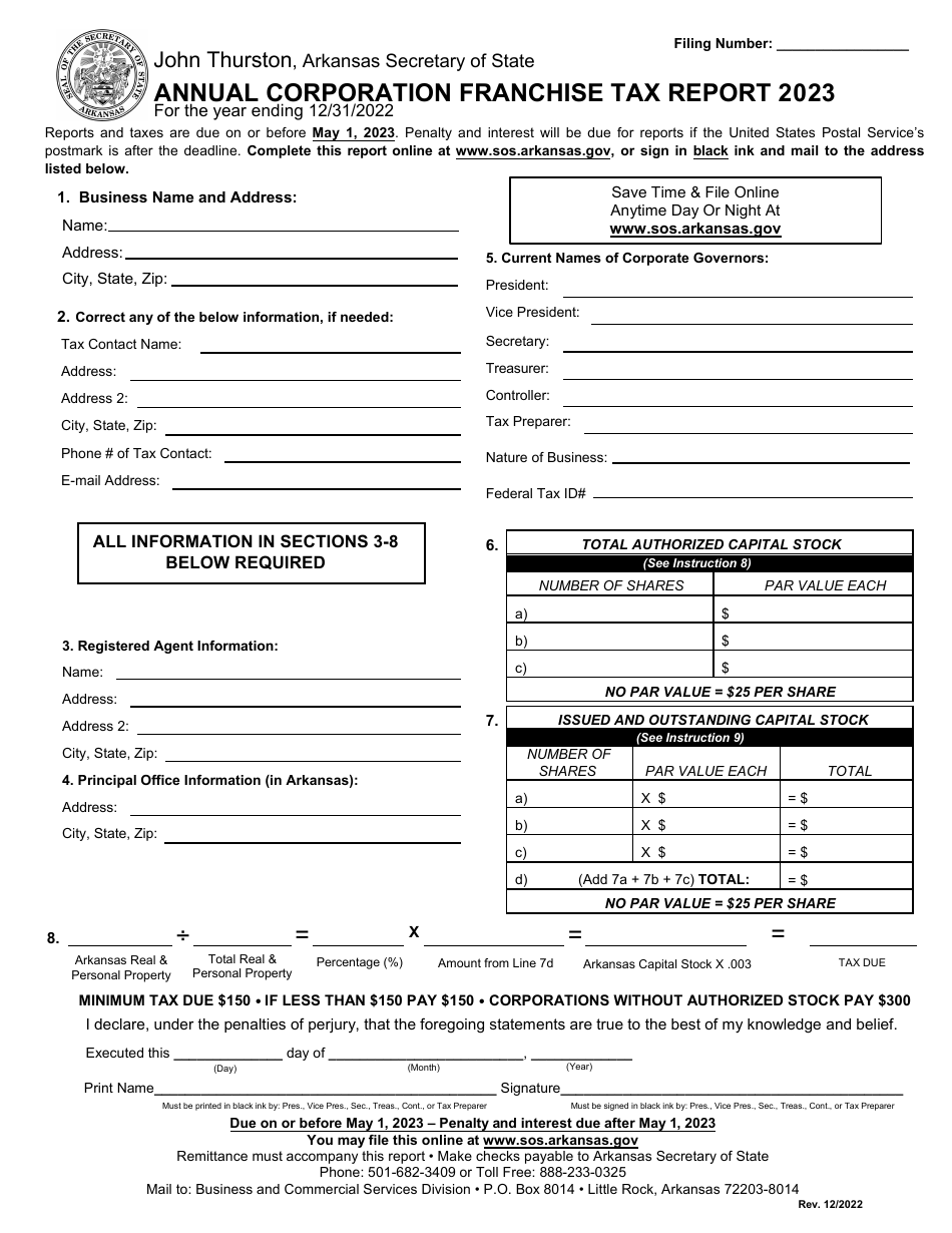 2023 Arkansas Annual Corporation Franchise Tax Report Download Fillable