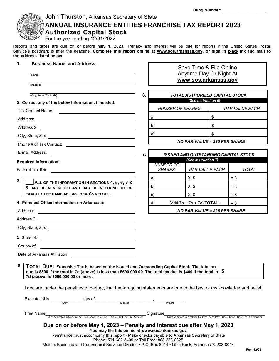 2023 Arkansas Annual Insurance Entities Franchise Tax Report