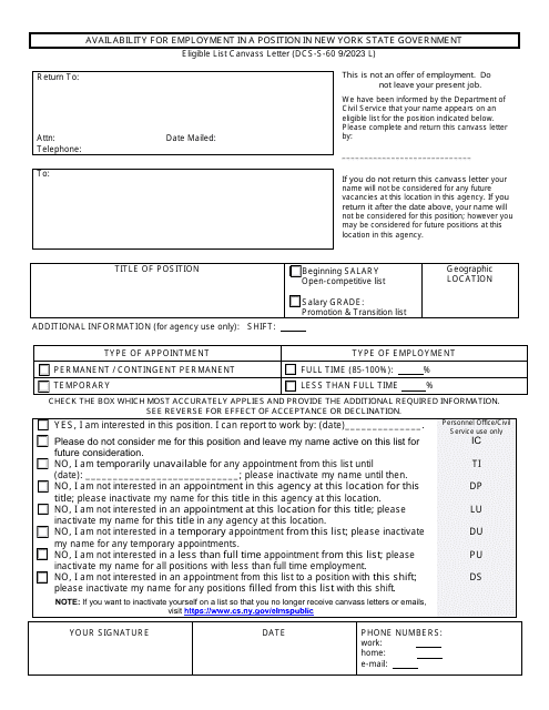Form DCS-S-60 Availability for Employment in a Position in New York State Government - Eligible List Canvass Letter - New York