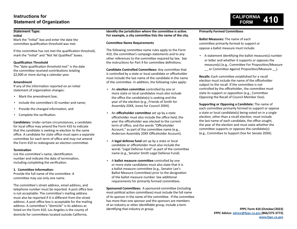 Fppc Form 410 Download Fillable Pdf Or Fill Online Statement Of Organization California