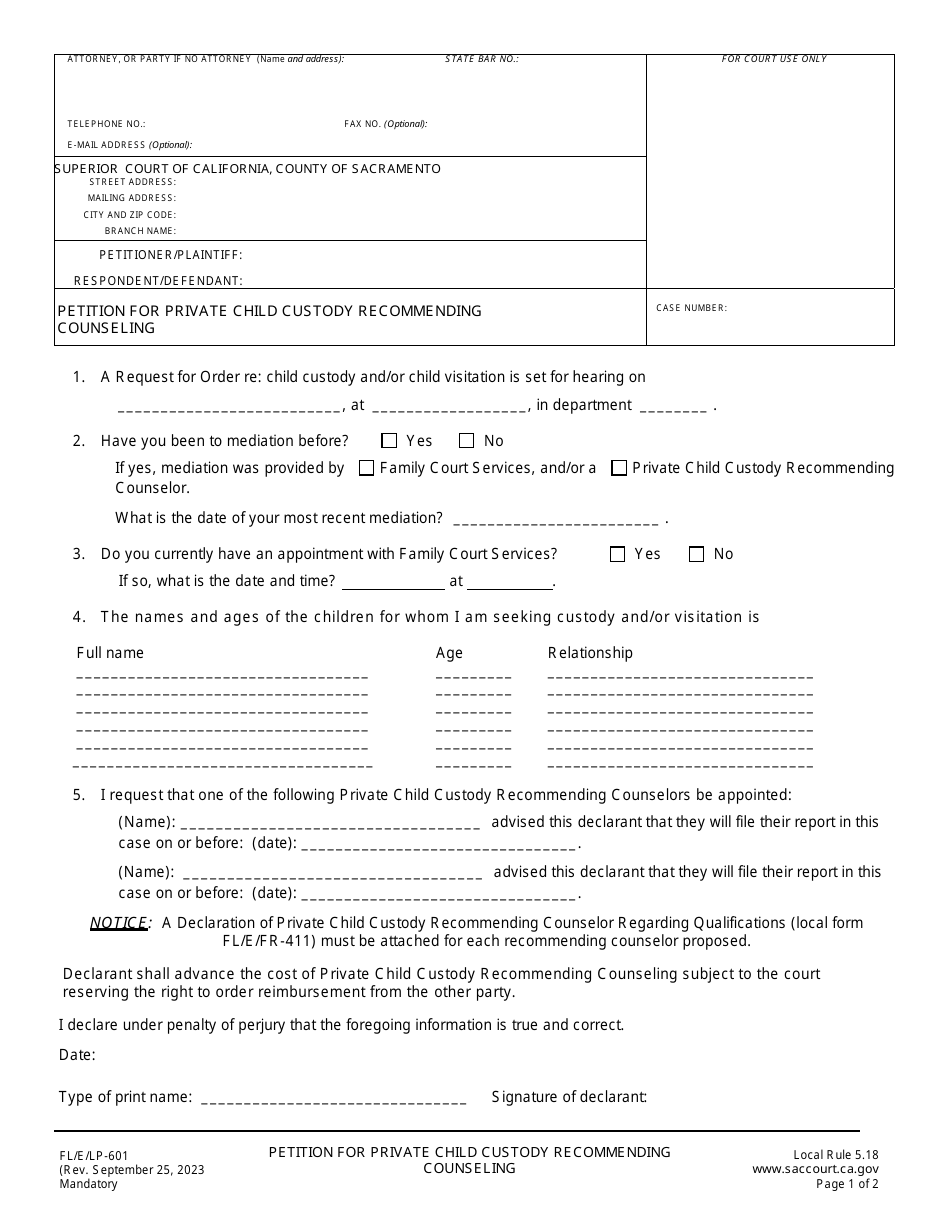 Form FL / E / FR-601 Petition for Private Child Custody Recommending Counseling - County of Sacramento, California, Page 1