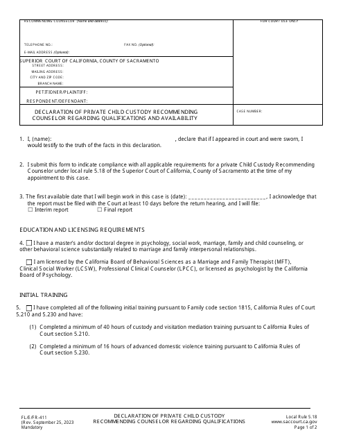 Form FL/E/FR-411 Declaration of Private Child Custody Recommending Counselor Regarding Qualifications and Availability - County of Sacramento, California
