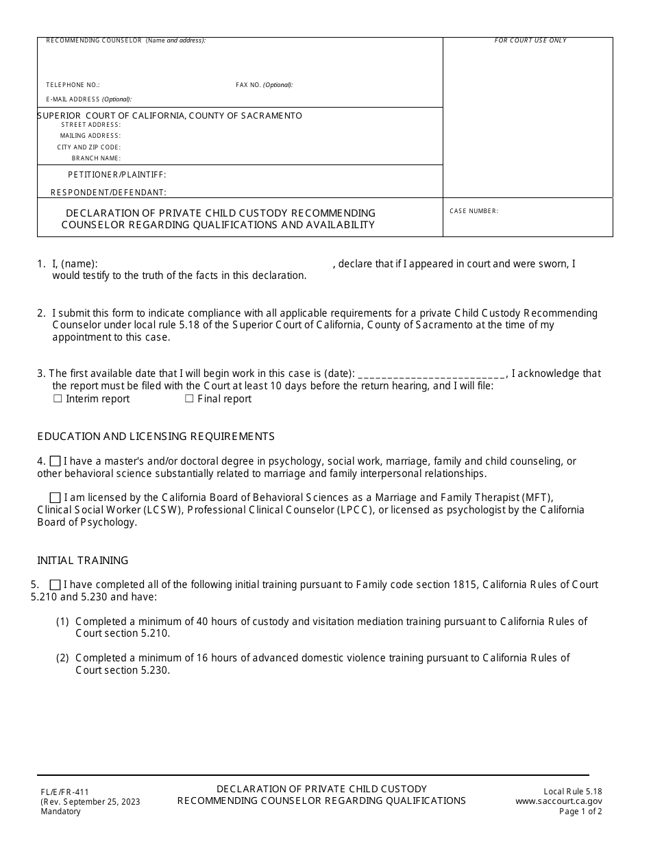 Form FL / E / FR-411 Declaration of Private Child Custody Recommending Counselor Regarding Qualifications and Availability - County of Sacramento, California, Page 1