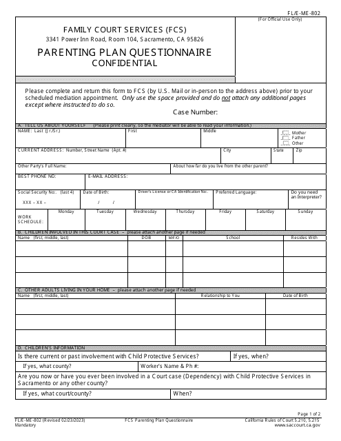 Form FL/E-ME-802 Parenting Plan Questionnaire - County of Sacramento, California