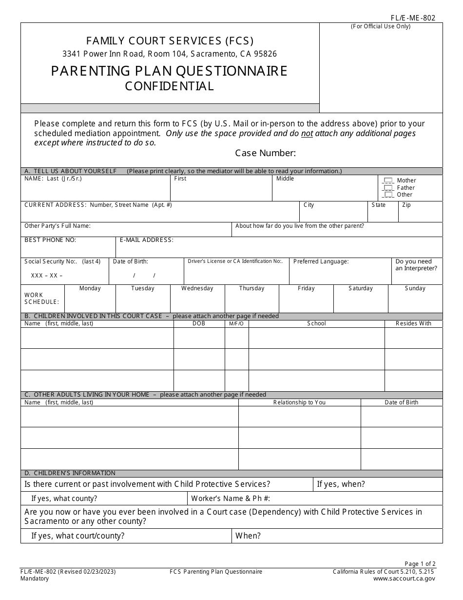 Form FL / E-ME-802 Parenting Plan Questionnaire - County of Sacramento, California, Page 1