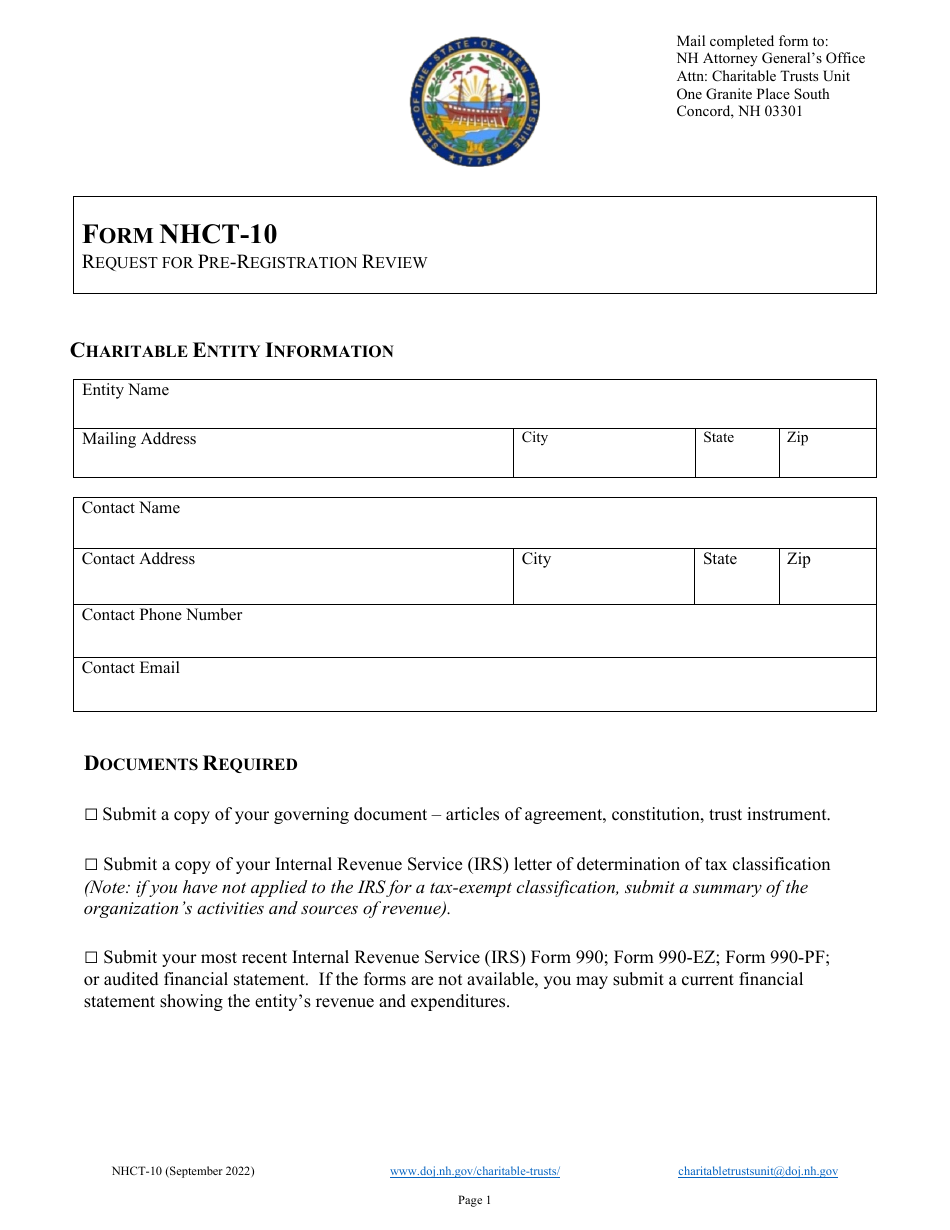 Form NHCT-10 Request for Pre-registration Review - New Hampshire, Page 1