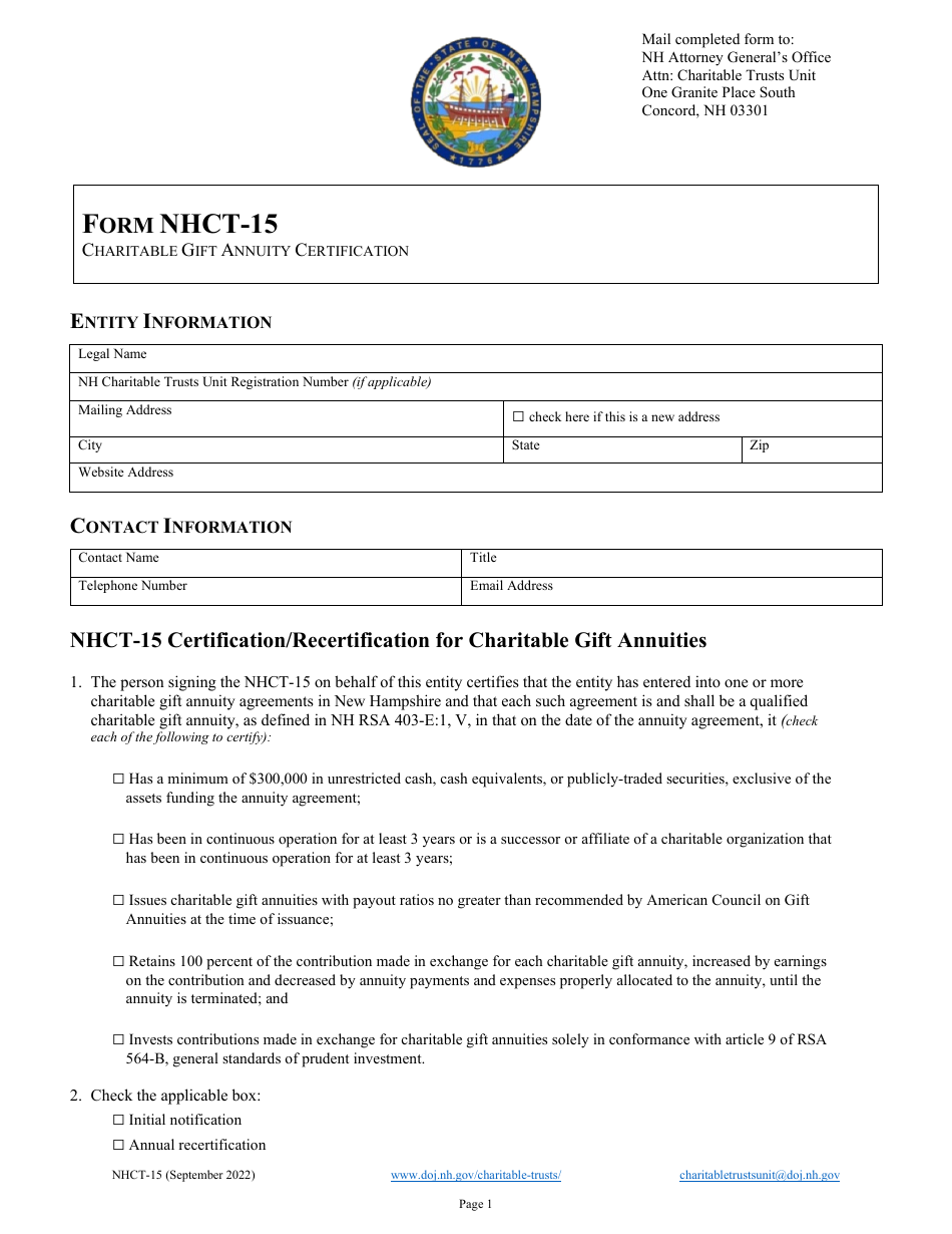 Form NHCT-15 Charitable Gift Annuity Certification, Page 1