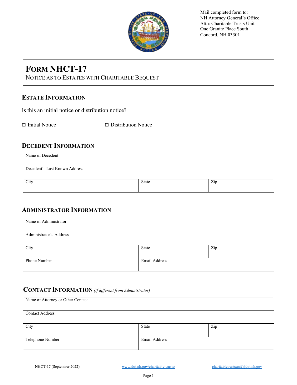 Form NHCT-17 Notice as to Estates With Charitable Bequest - New Hampshire, Page 1