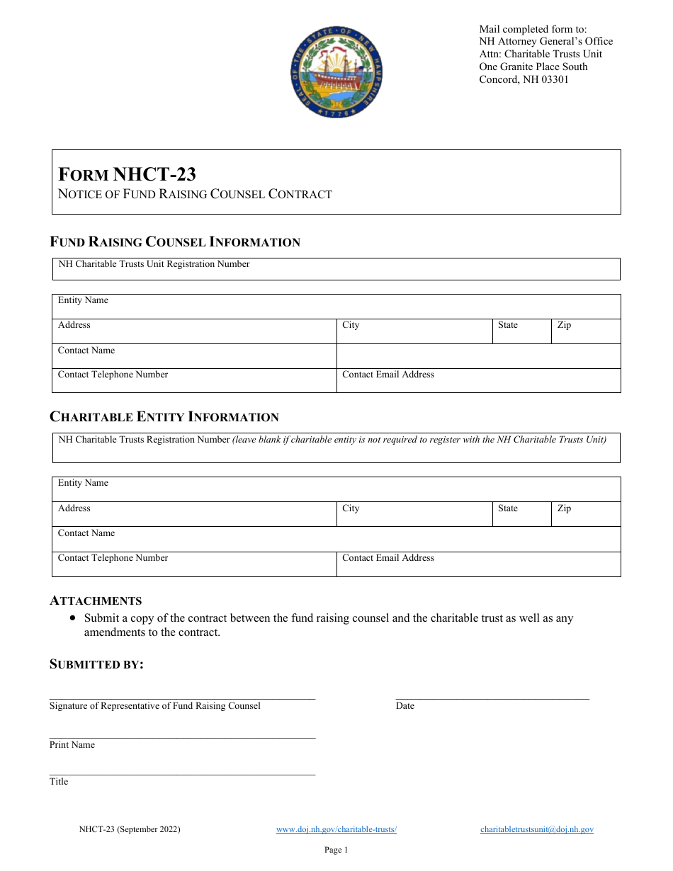Form NHCT-23 Notice of Fund Raising Counsel Contract - New Hampshire, Page 1