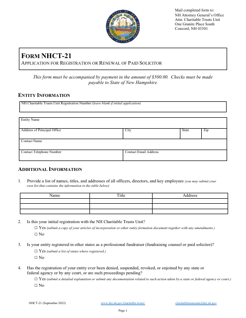 Form NHCT-21 Application for Registration or Renewal of Paid Solicitor - New Hampshire