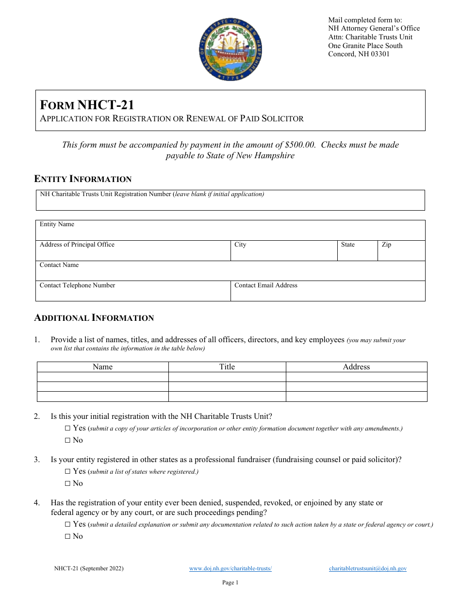 Form NHCT-21 Application for Registration or Renewal of Paid Solicitor - New Hampshire, Page 1