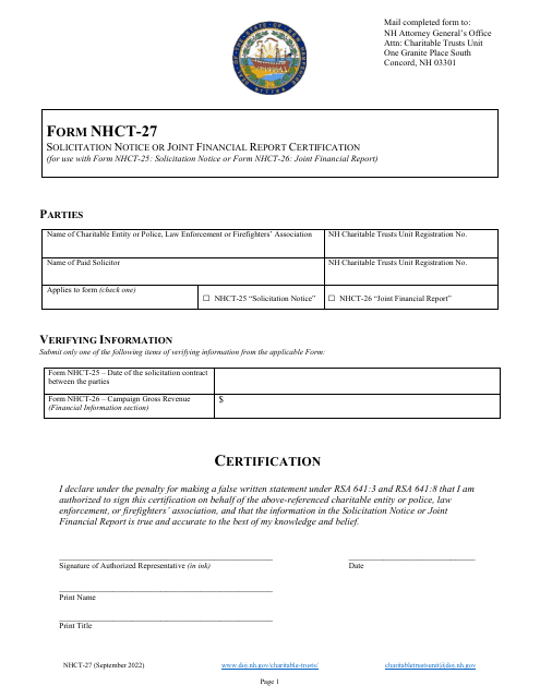 Form NHCT-27 Solicitation Notice or Joint Financial Report Certification - New Hampshire