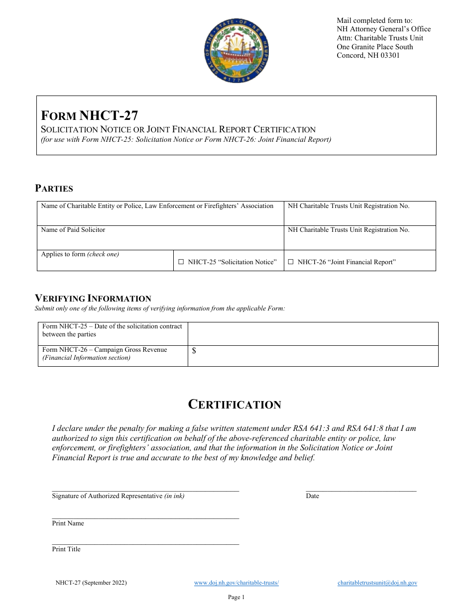 Form NHCT-27 Solicitation Notice or Joint Financial Report Certification - New Hampshire, Page 1