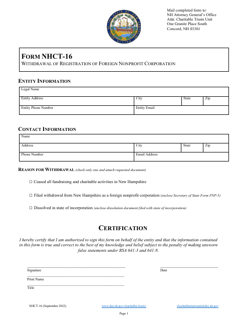 Form NHCT-16 Withdrawal of Registration of Foreign Nonprofit Corporation - New Hampshire