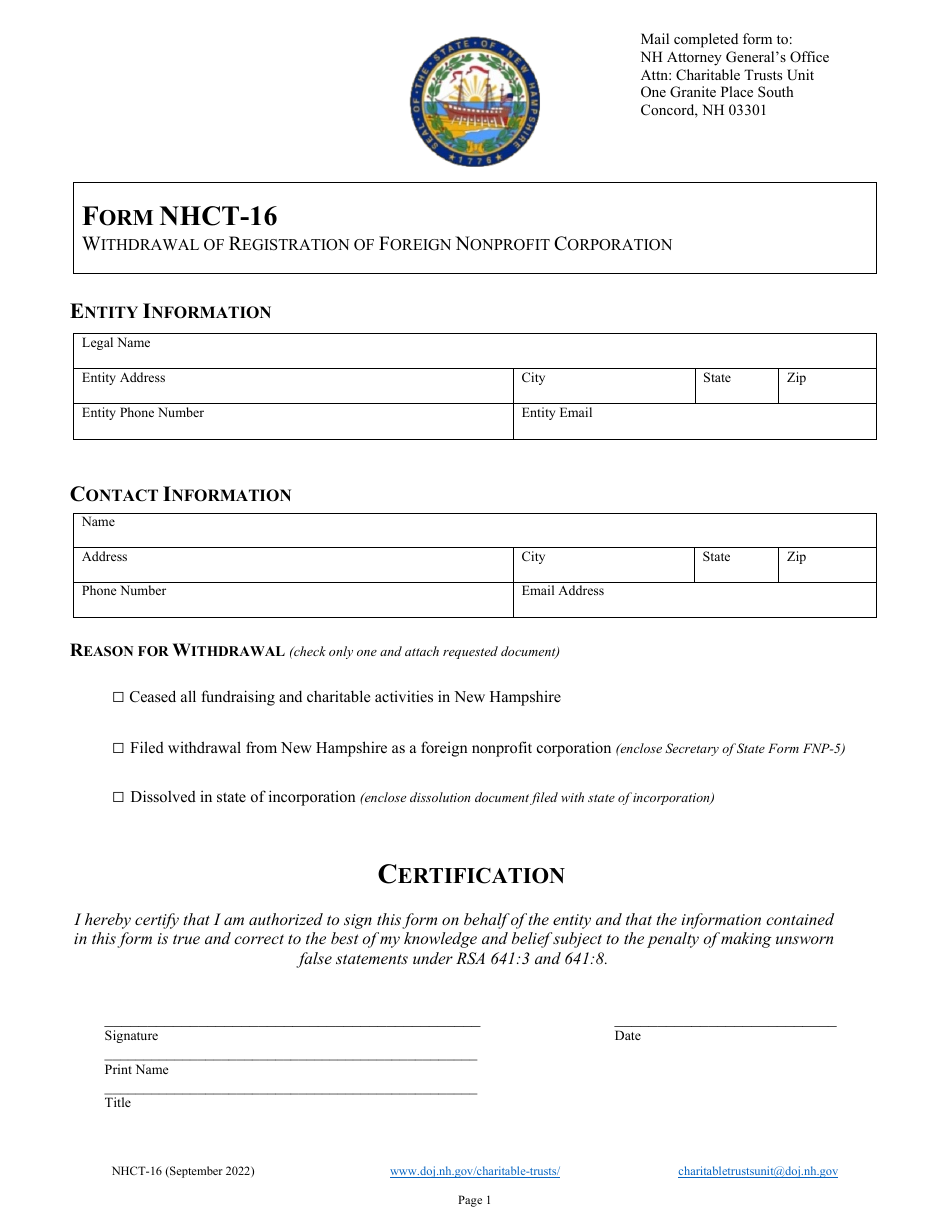 Form NHCT-16 Withdrawal of Registration of Foreign Nonprofit Corporation - New Hampshire, Page 1