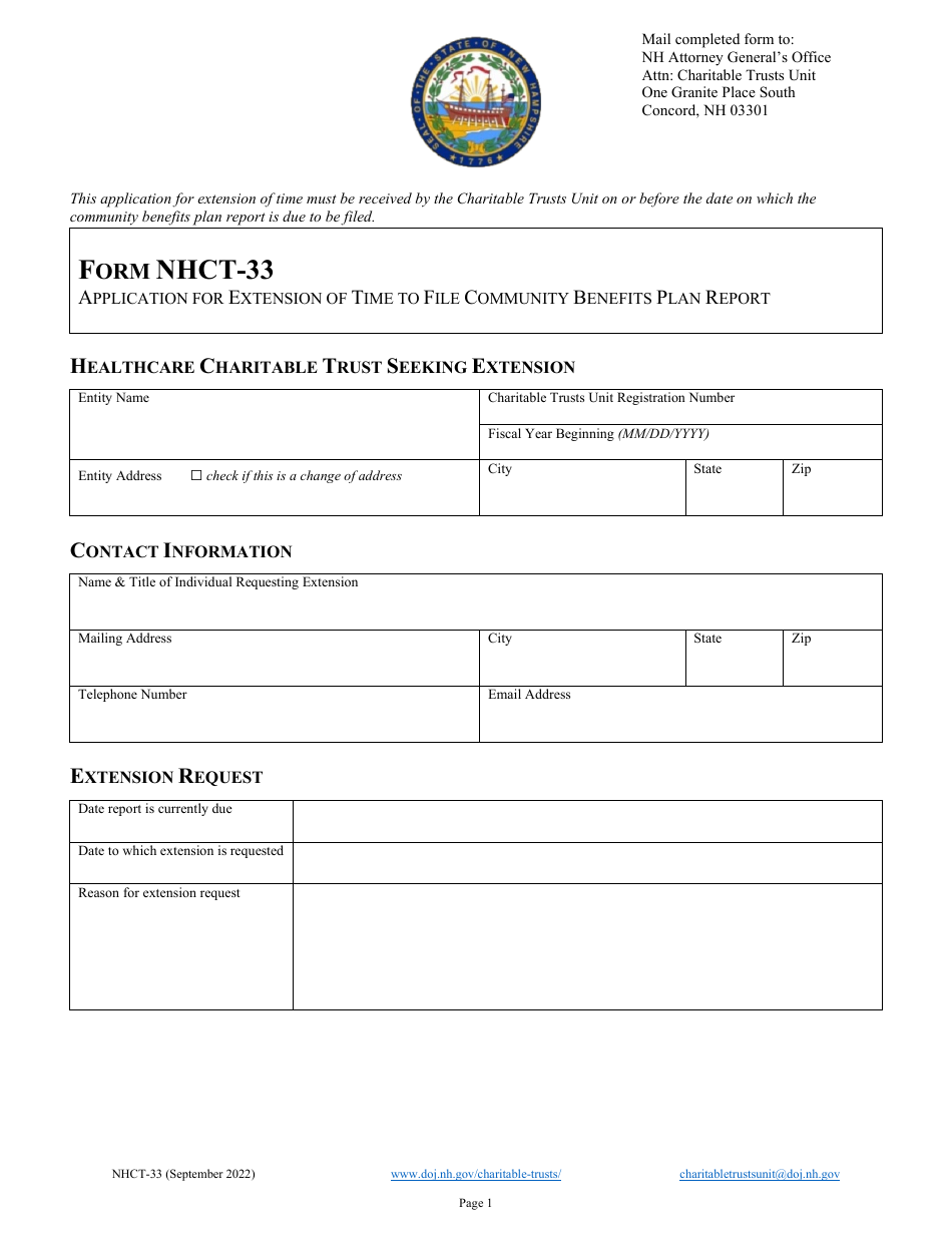 Form NHCT-33 Application for Extension of Time to File Community Benefits Plan Report - New Hampshire, Page 1