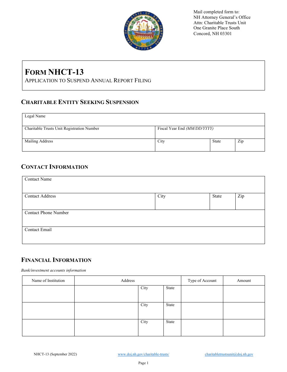 Form NHCT-13 Application to Suspend Annual Report Filing - New Hampshire, Page 1
