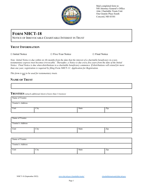 Form NHCT-18 Notice of Irrevocable Charitable Interest in Trust - New Hampshire