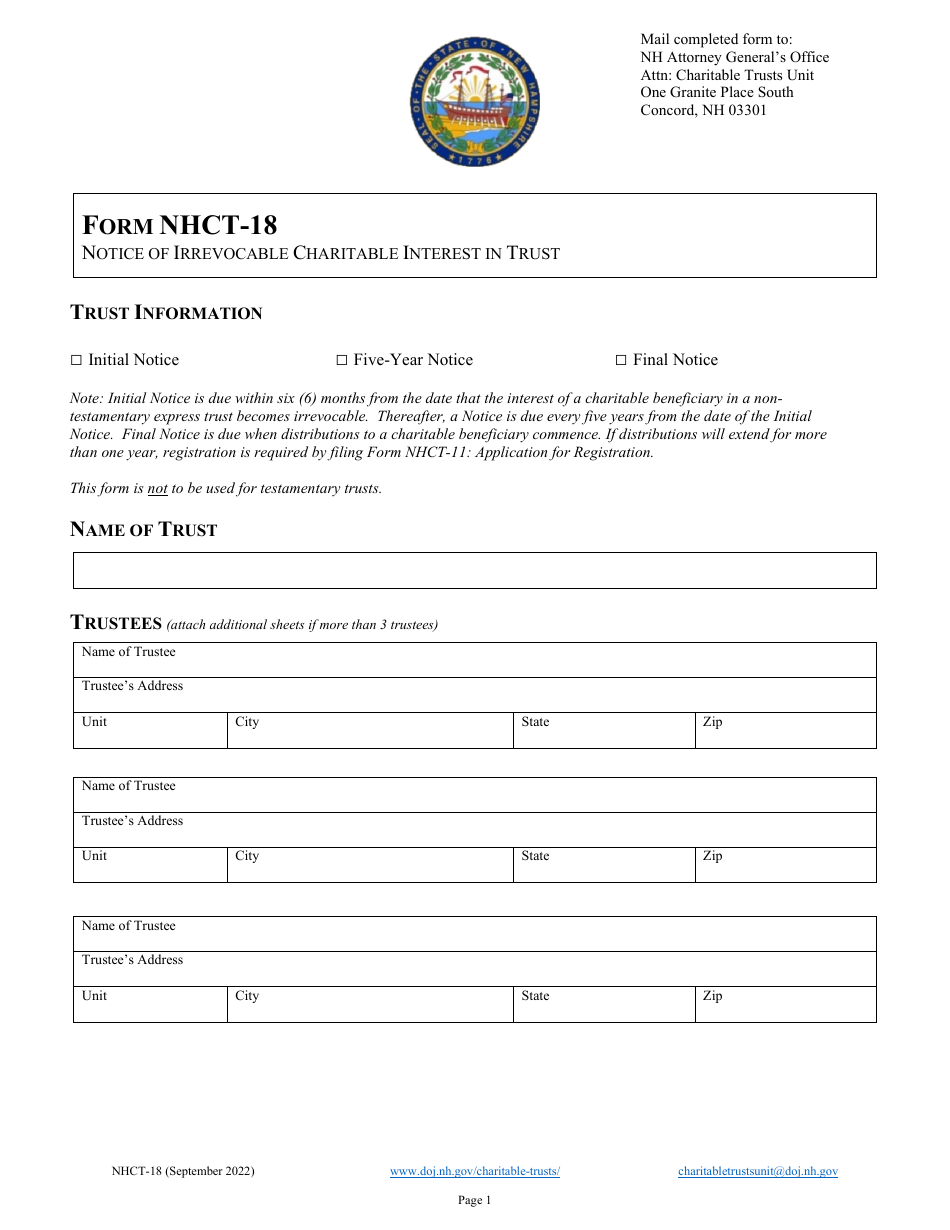 Form NHCT-18 Notice of Irrevocable Charitable Interest in Trust - New Hampshire, Page 1