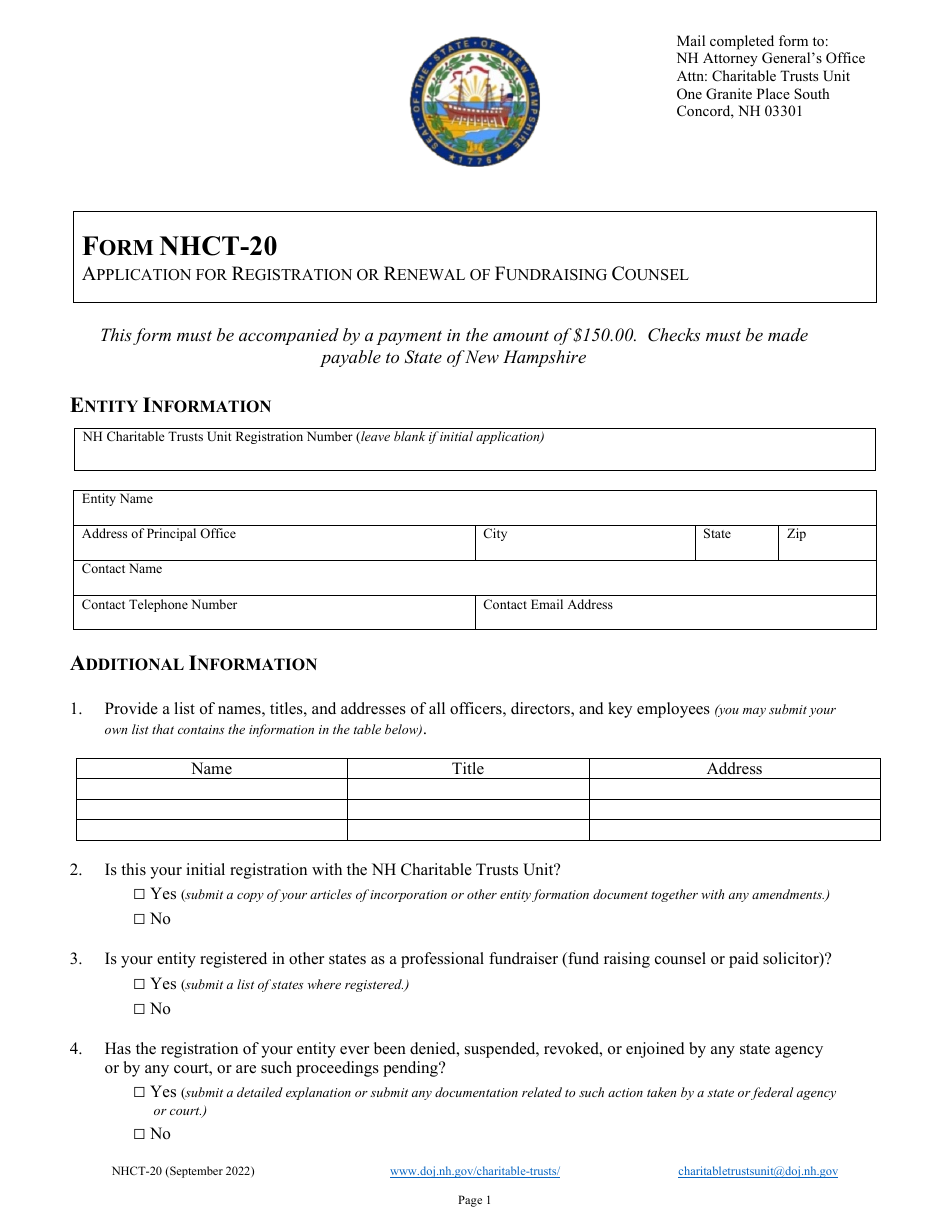 Form NHCT-20 Application for Registration or Renewal of Fundraising Counsel - New Hampshire, Page 1
