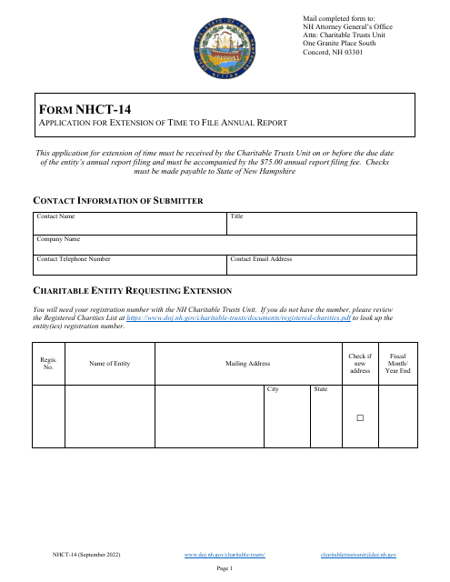 Form NHCT-14 Application for Extension of Time to File Annual Report - New Hampshire