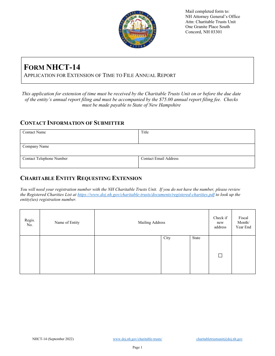 Form NHCT-14 Application for Extension of Time to File Annual Report - New Hampshire, Page 1
