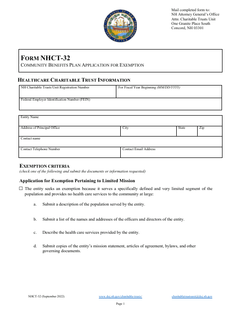 Form NHCT-32 Community Benefits Plan Application for Exemption - New Hampshire