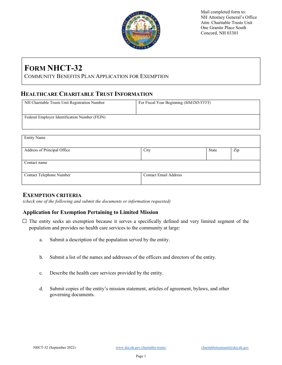 Form NHCT-32 Community Benefits Plan Application for Exemption - New Hampshire, Page 1