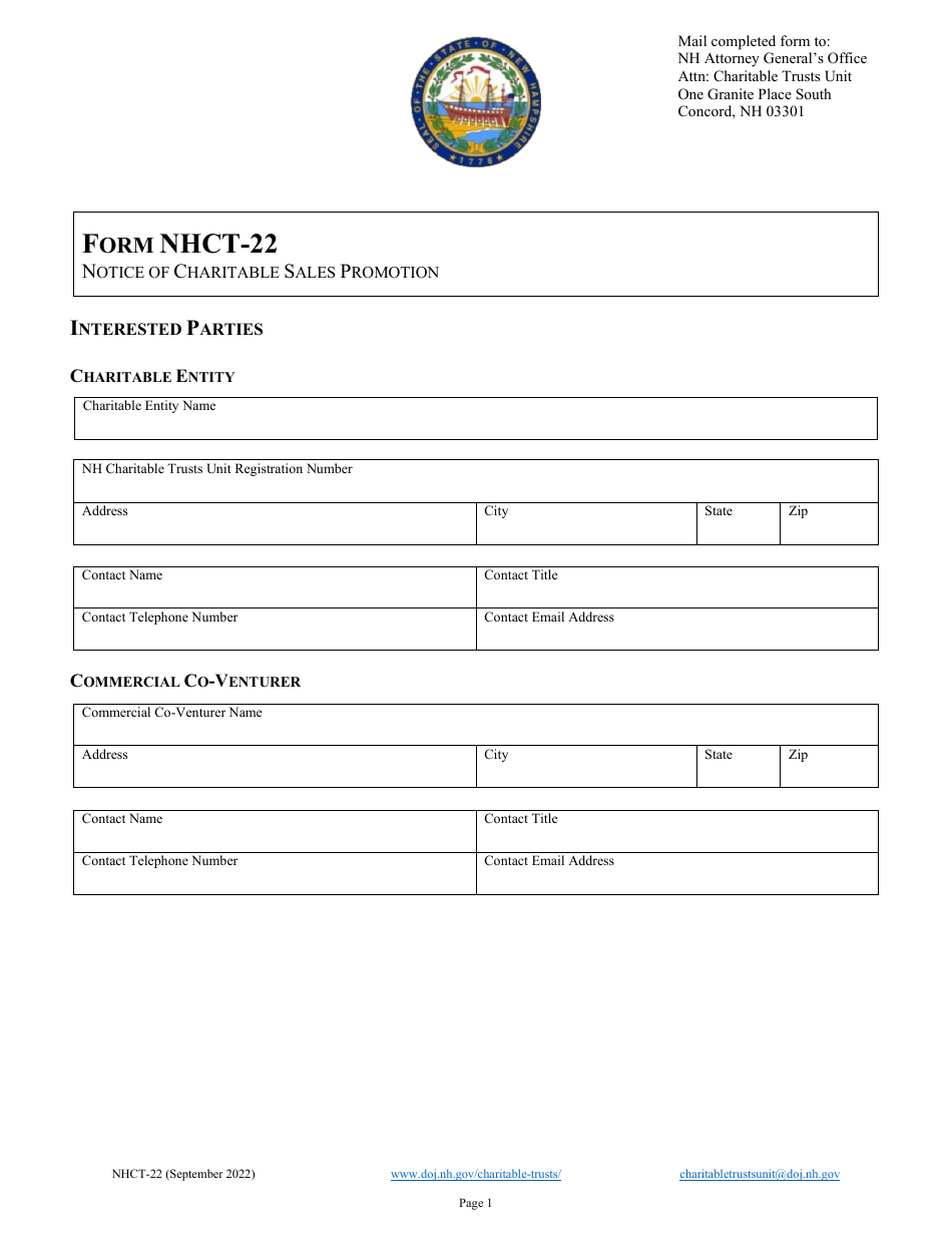 Form NHCT-22 Notice of Charitable Sales Promotion - New Hampshire, Page 1