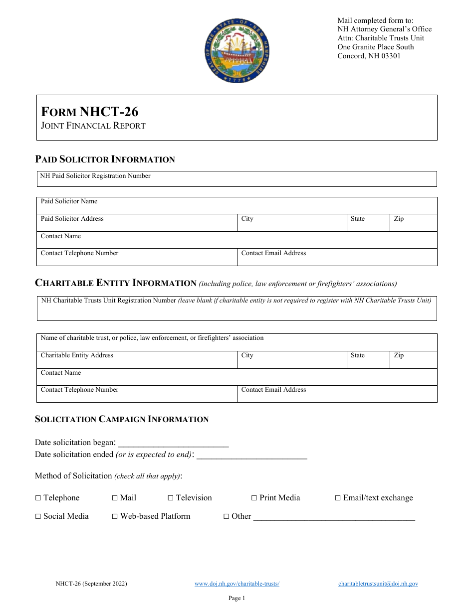 Form NHCT-26 Joint Financial Report - New Hampshire, Page 1