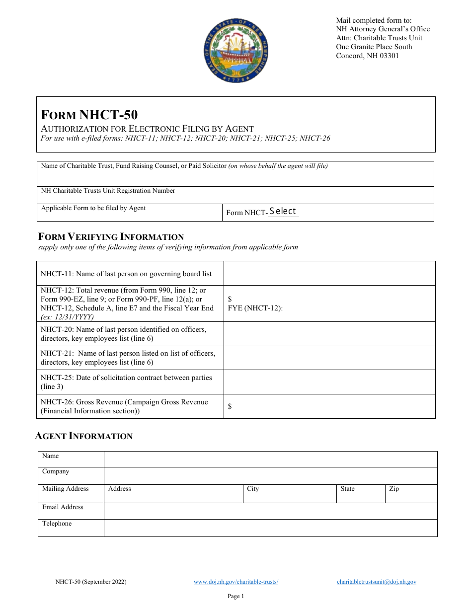 Form NHCT-50 Authorization for Electronic Filing by Agent - New Hampshire, Page 1