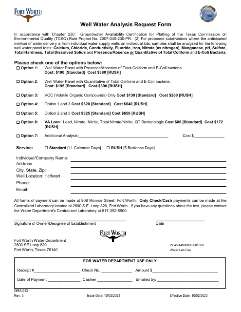 Form OMS-013 Well Water Analysis Request Form - City of Fort Worth, Texas