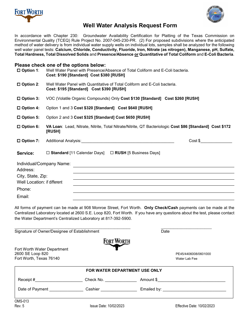 Form OMS-013 Well Water Analysis Request Form - City of Fort Worth, Texas, Page 1