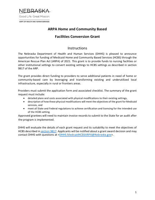 Arpa Home and Community Based Facilities Conversion Grant Application - Nebraska Download Pdf