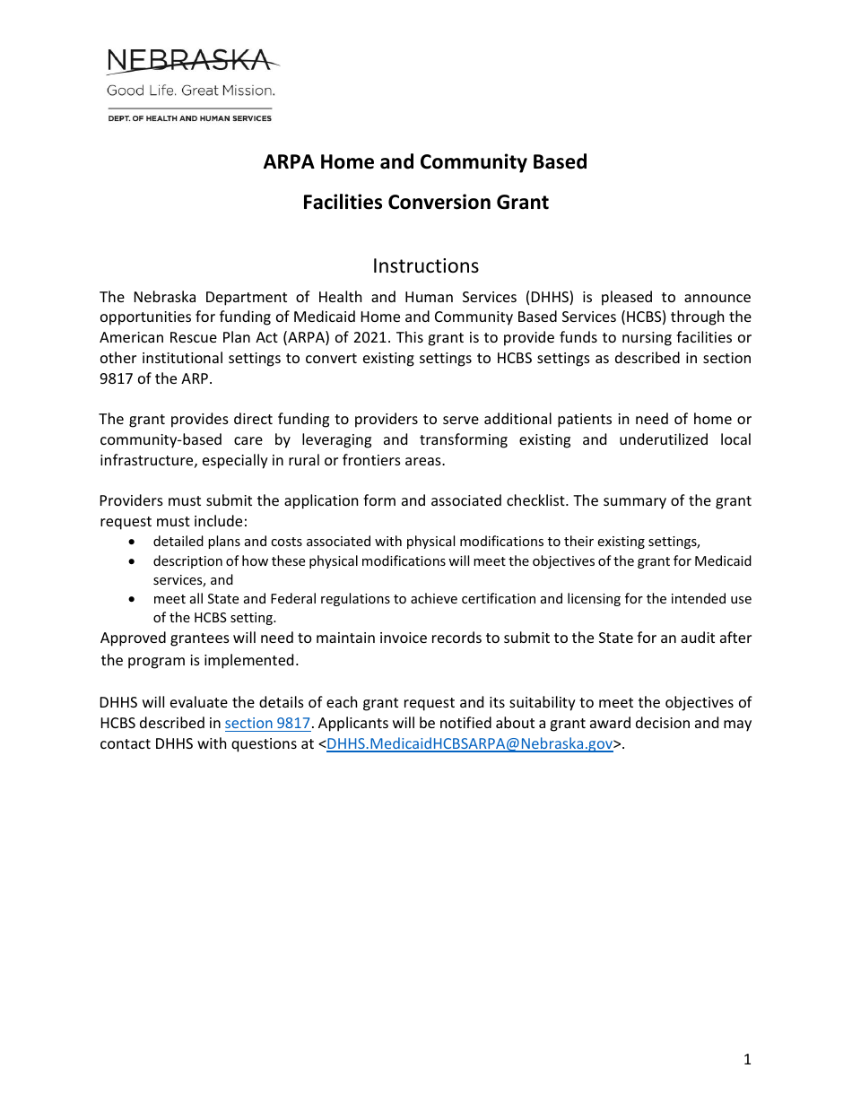 Arpa Home and Community Based Facilities Conversion Grant Application - Nebraska, Page 1
