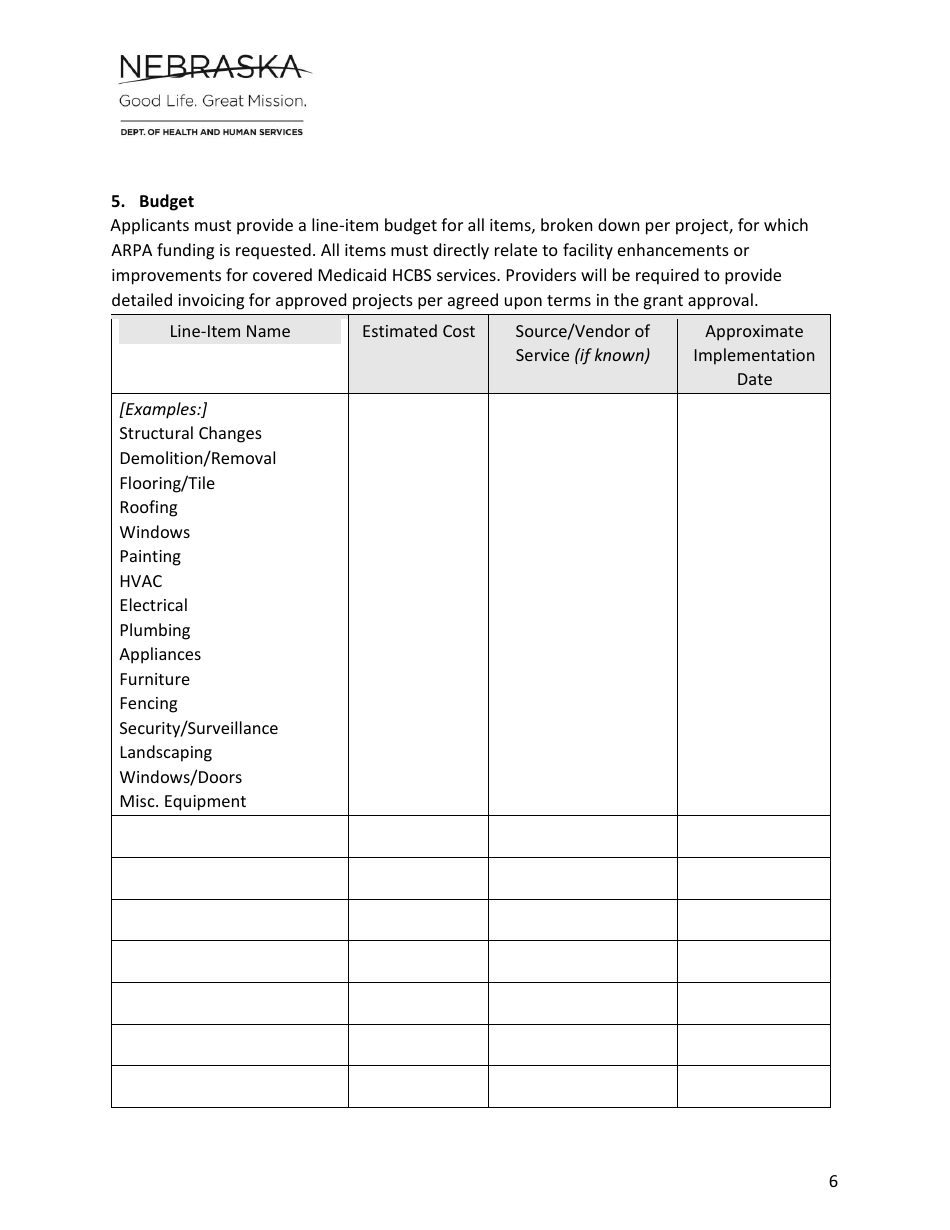 Arpa Home and Community Based Facilities Conversion Grant Application - Nebraska, Page 6