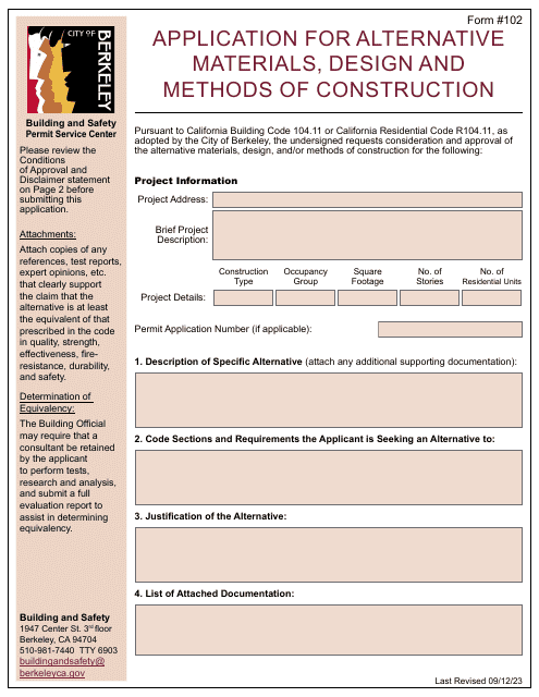 Form 102 Application for Alternative Materials, Design and Methods of Construction - City of Berkeley, California