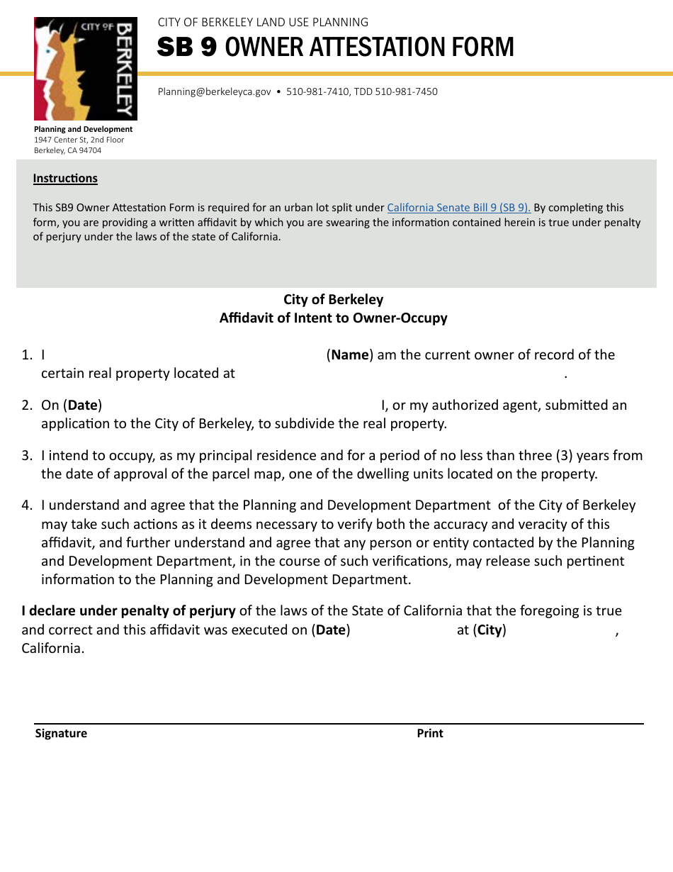 Sb 9 Owner Attestation Form - City of Berkeley, California, Page 1