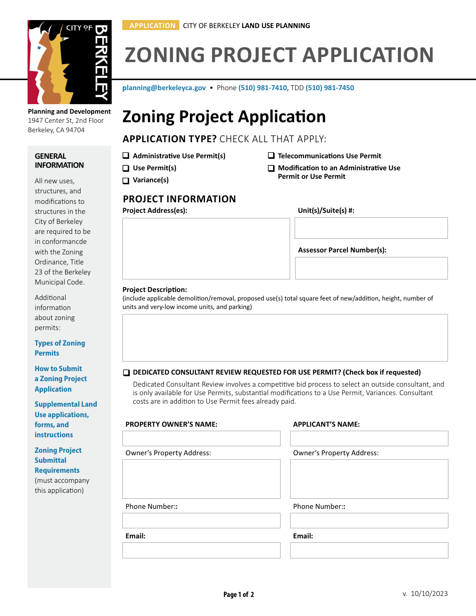 City of Berkeley, California Zoning Project Application Fill Out