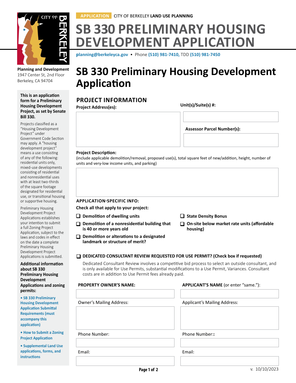 Sb 330 Preliminary Housing Development Application - City of Berkeley, California, Page 1