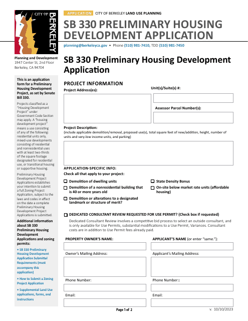 Sb 330 Preliminary Housing Development Application - City of Berkeley, California Download Pdf