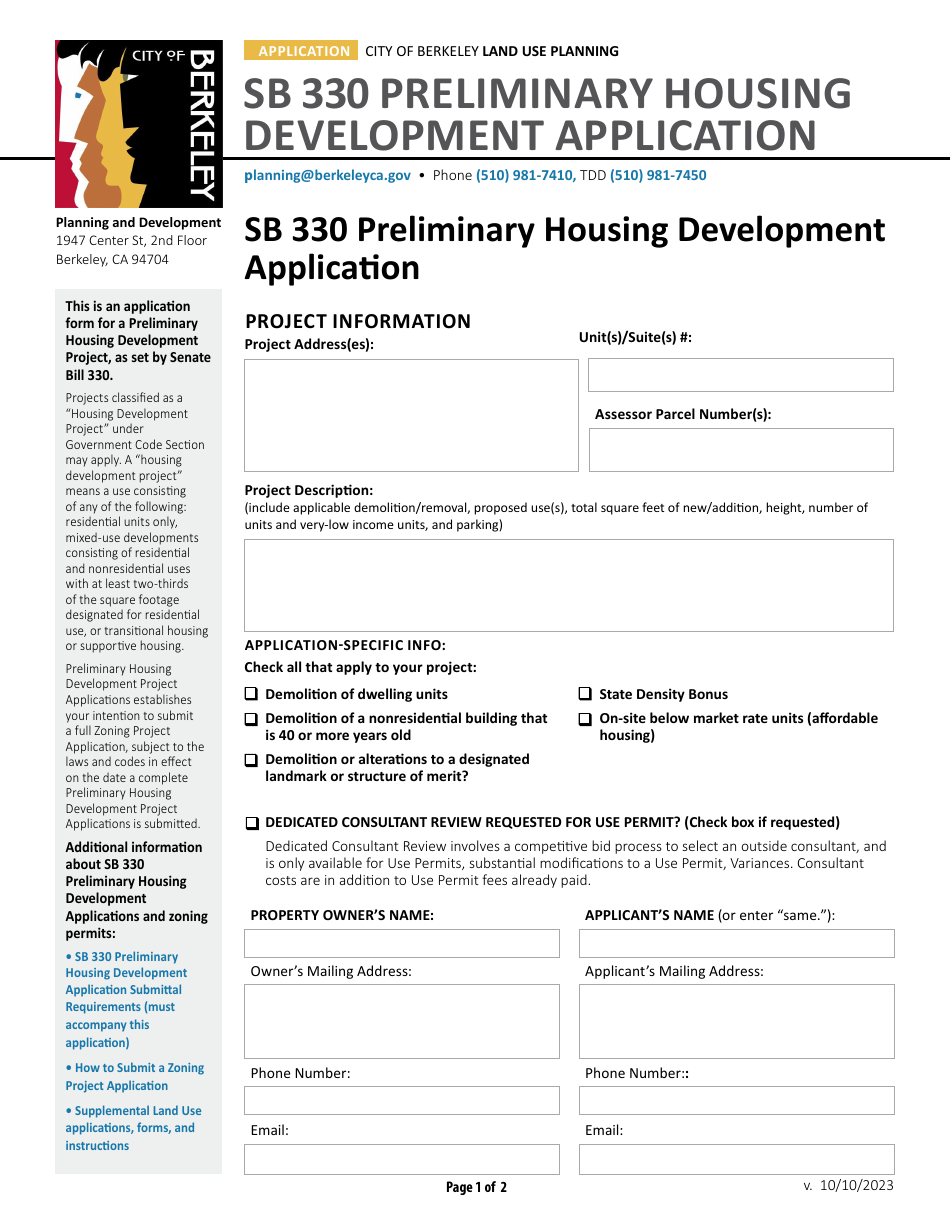 City of Berkeley, California Sb 330 Preliminary Housing Development