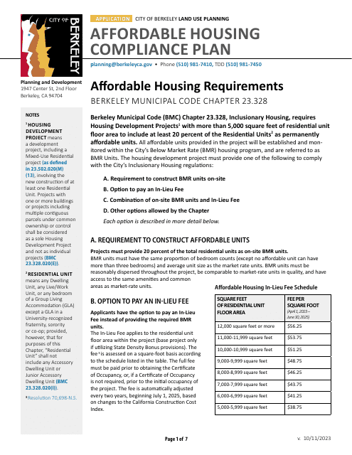 Affordable Housing Compliance Plan Form - City of Berkeley, California Download Pdf