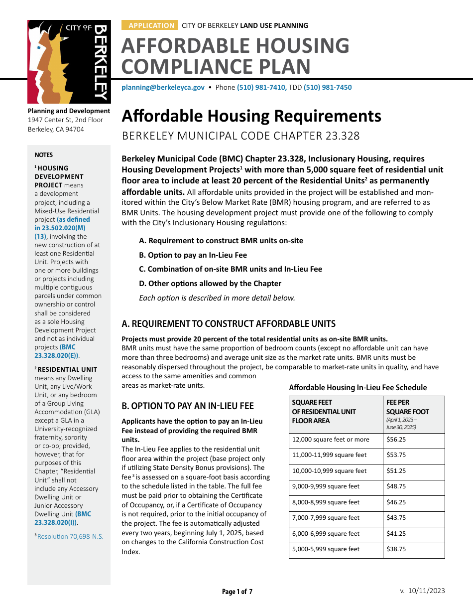 Affordable Housing Compliance Plan Form - City of Berkeley, California, Page 1
