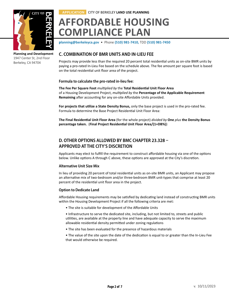 Affordable Housing Compliance Plan Form - City of Berkeley, California, Page 2
