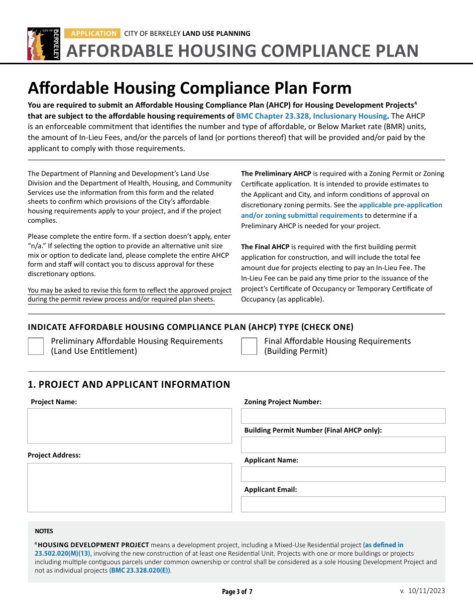 Affordable Housing Compliance Plan Form - City of Berkeley, California, Page 3