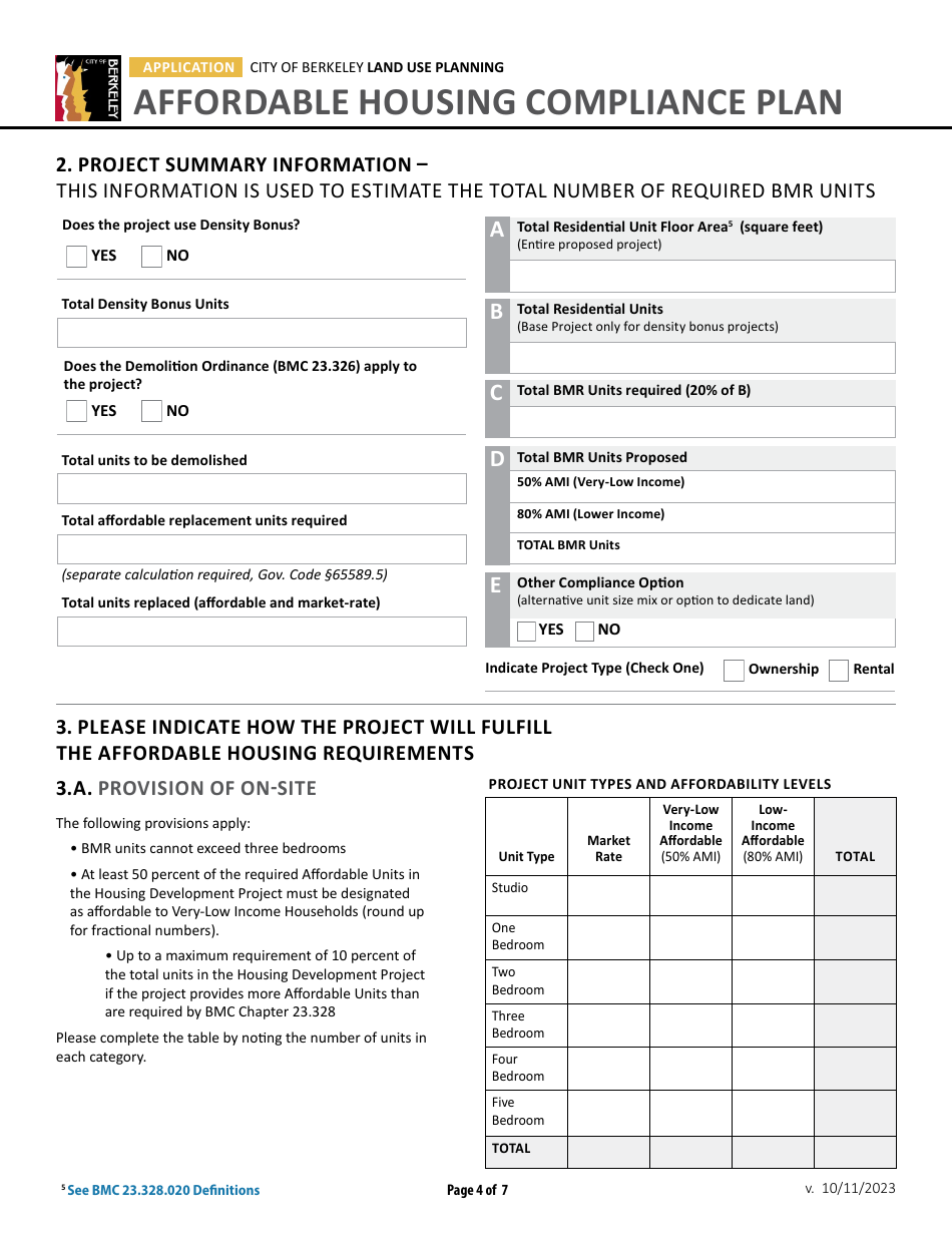 Affordable Housing Compliance Plan Form - City of Berkeley, California, Page 4