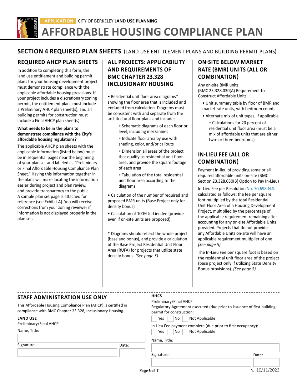 Affordable Housing Compliance Plan Form - City of Berkeley, California, Page 6