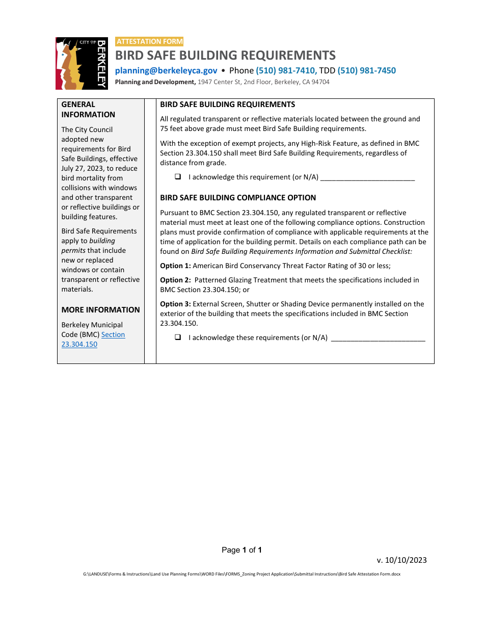 Bird Safe Attestation Form - City of Berkeley, California, Page 1